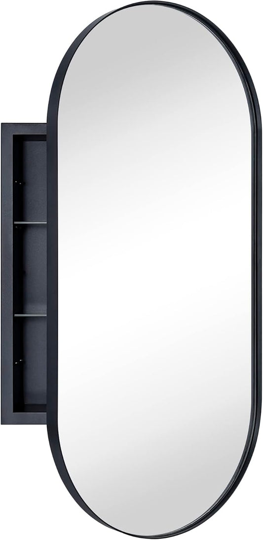 Matte Black Oval Recessed Bathroom Medicine Cabinet with Mirror Stainless Steel Metal Framed Oblong Pill Shaped Bathroom Cabinet with Mirror 16x33''