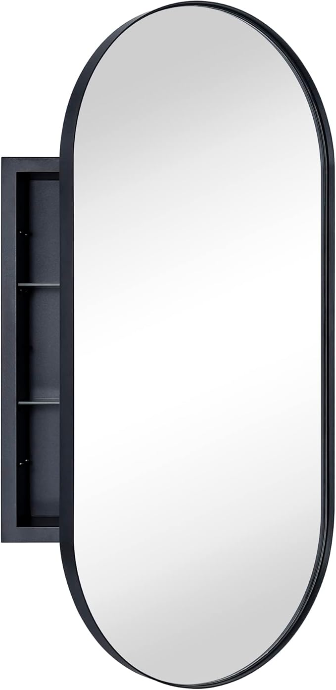 Matt Black Oval Recessed Bathroom Medicine Cabinet with Mirror Stainless Steel Metal Framed Oblong Pill Shaped Bathroom Cabinet with Mirror 16x33''
