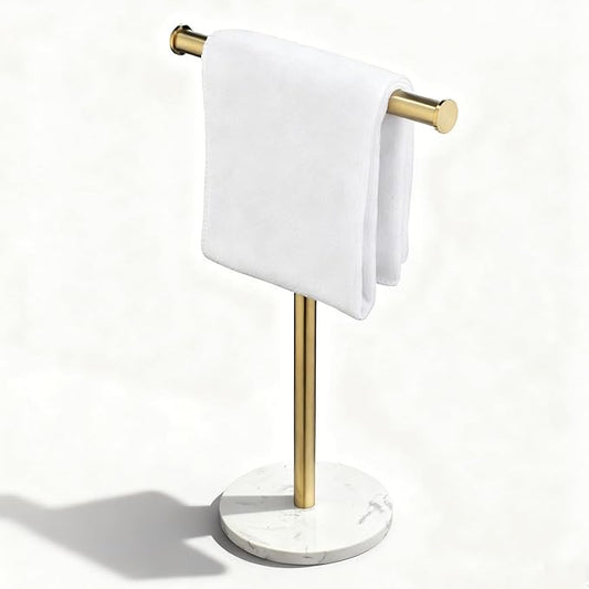 Hand Towel Holder, NEWRAIN Countertop Hand Towel Holder Stand, Stainless Steel Free Standing Hand Towel Rack with Heavy Marble Base, for Bathroom Kitchen & Counter top, Brushed Gold