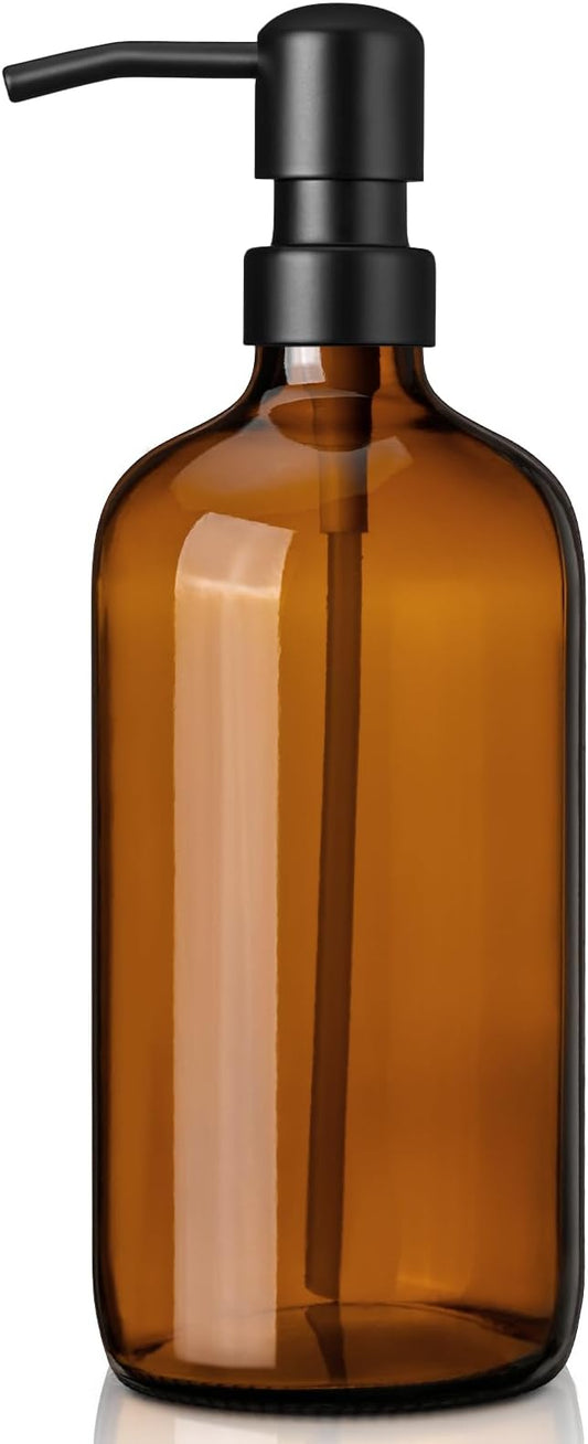 Amber Glass Soap Dispenser with 304 Stainless Steel Pump 17 oz for Kitchen Dish Soap and Bathroom Hand Soap Bottle