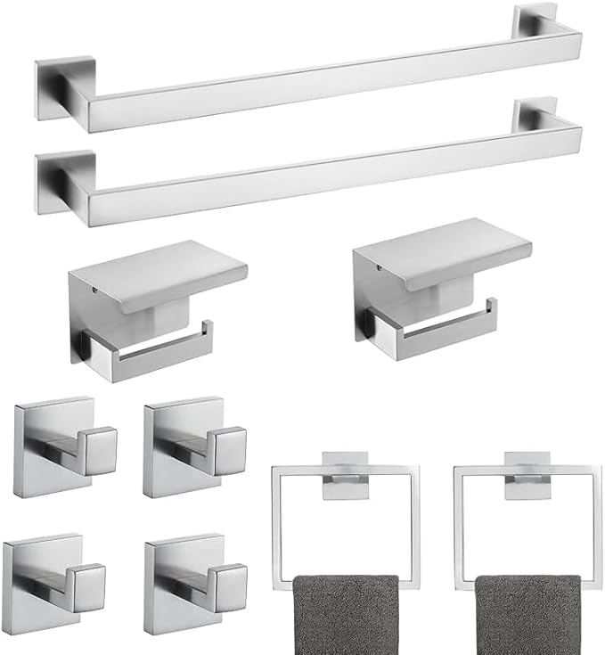 10-Piece Brushed Nickel Bathroom Hardware Set SUS304 Stainless Steel, 2×23.6" Towel Bars, 2 Towel Rings, 2 Toilet Paper Holders & 4 Towel Hooks Wall Mounted Bathroom Accessories Set