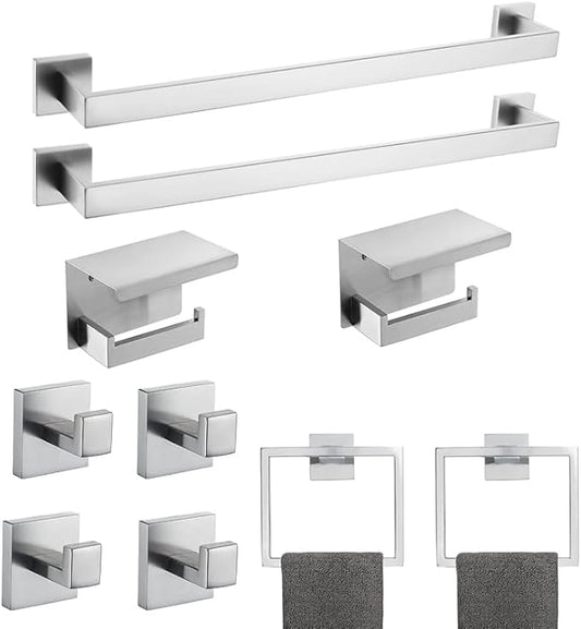 10-Piece Brushed Nickel Bathroom Hardware Set SUS304 Stainless Steel, 2×23.6" Towel Bars, 2 Towel Rings, 2 Toilet Paper Holders & 4 Towel Hooks Wall Mounted Bathroom Accessories Set
