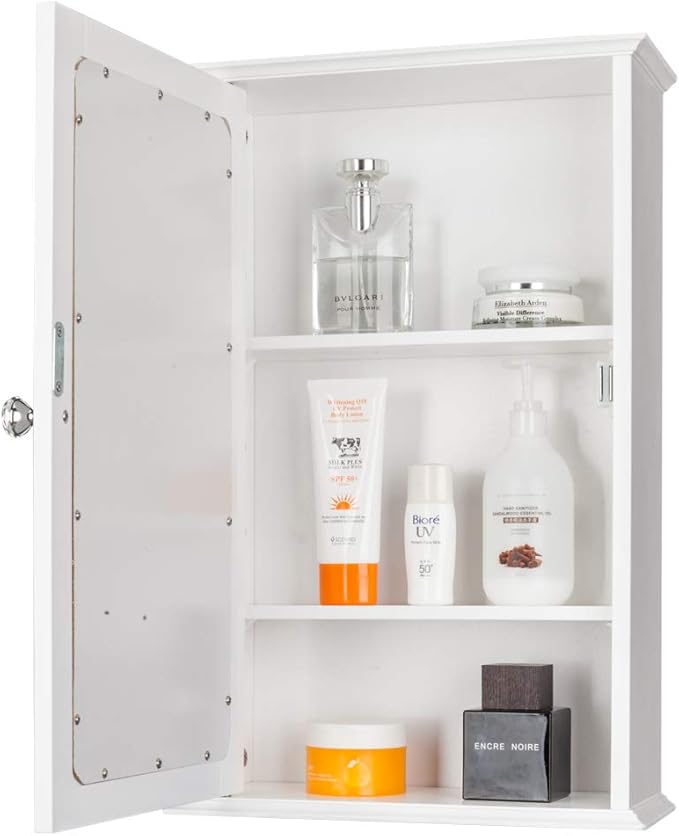 White Mirrored Bathroom Medicine Cabinet, Wall Mount Bathroom Storage Cabinet with with Single Glass Door & Adjustable Shelf