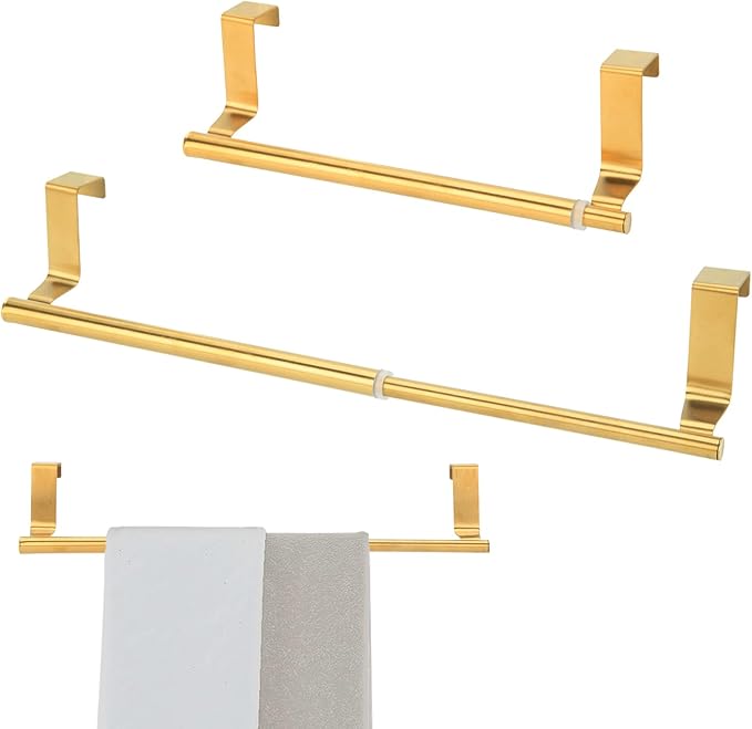 Over Cabinet Towel Holder, Stainless Steel Adjustable Length Over Cabinet Door Kitchen Towel Bar. Dish Towel Holder Hanger Suitable for Cupboard,Door,Cabinet,Laundry. Gold