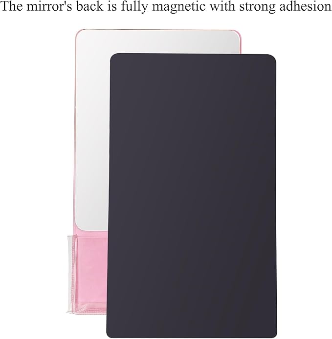 Magnetic Locker Mirror with Fully Magnetic Back, 9.45" x 5.51" Small Real Glass Super Clear Reflection Mirror with Storage Pocket for School Locker Refrigerator Office Cabinet -Pink, 1 Pc