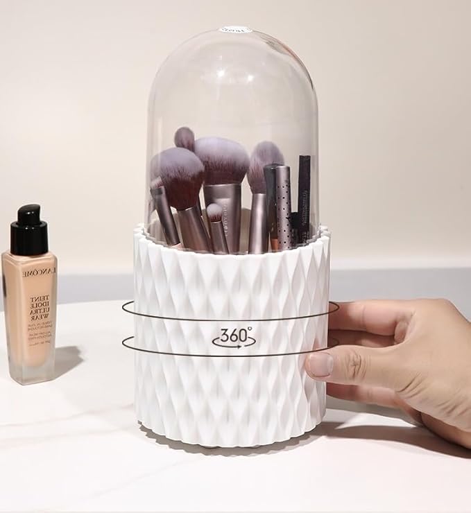 Makeup Brush Holder 360 Rotating Make up Organiser with Dustproof Lid???Acrylic Make up Brush Holder for Lipstick, Lip Gloss, Eyeliner, Bedroom, Bathroom (White)
