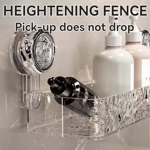 Wall-Mounted No Drill Suction Cup Bathroom Shelf - Acrylic Clear Storage Rack with 4 Hooks, Light Luxury Glacier Pattern, Durable Suction Cup Holder for Easy Organizing