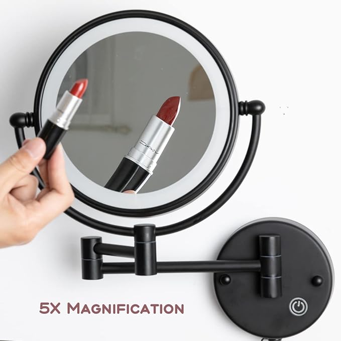 8" Brass Wall Mounted Lighted Makeup Vanity Mirror with Magnification, 1X/5X Double Sided Bathroom Magnifying Mirrorwith with Dimmable LED Lights, Matt Black, Plug Powered
