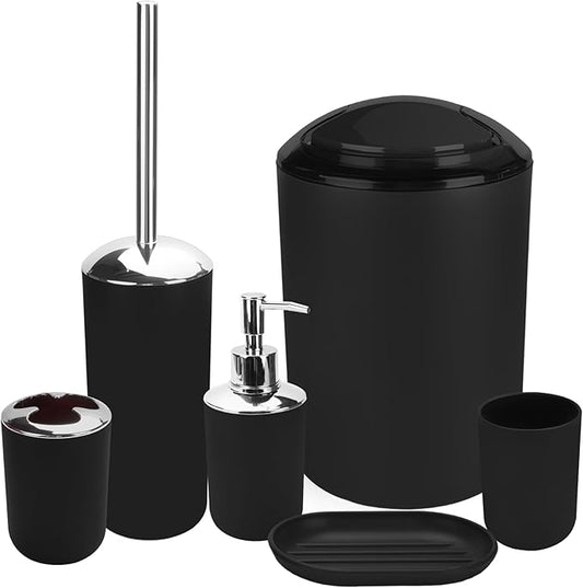 Black Bathroom Accessories Set, 6Pcs Bathroom Accessory Set Includes Toothbrush Holder, Soap Dispenser, Soap Dish, Toothbrush Cup, Toilet Brush, Trash can for Bathroom Countertop Décor