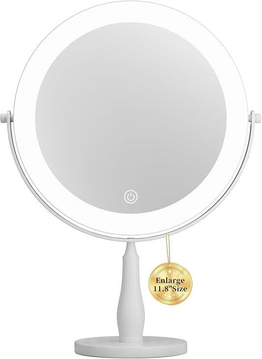 11.8" Extra Large 16.54" Tall Lighted Makeup Mirror, 1X/5X, 2-Sided Magnifying Mirror with 96 LEDs, 3 Color Dimmable Lights, 360° Swivel, LED Vanity Mirror, White - Great Gift