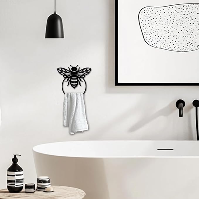 MAYJOYDIY Honey Bee Metal Towel Ring Antique Bumblebee Hand Towel Holder Round Cute Insects Towel Hangers Black Bathroom Towel Rack Wall Mounted for Kitchen Bath Home Laundry Room Decors Gifts