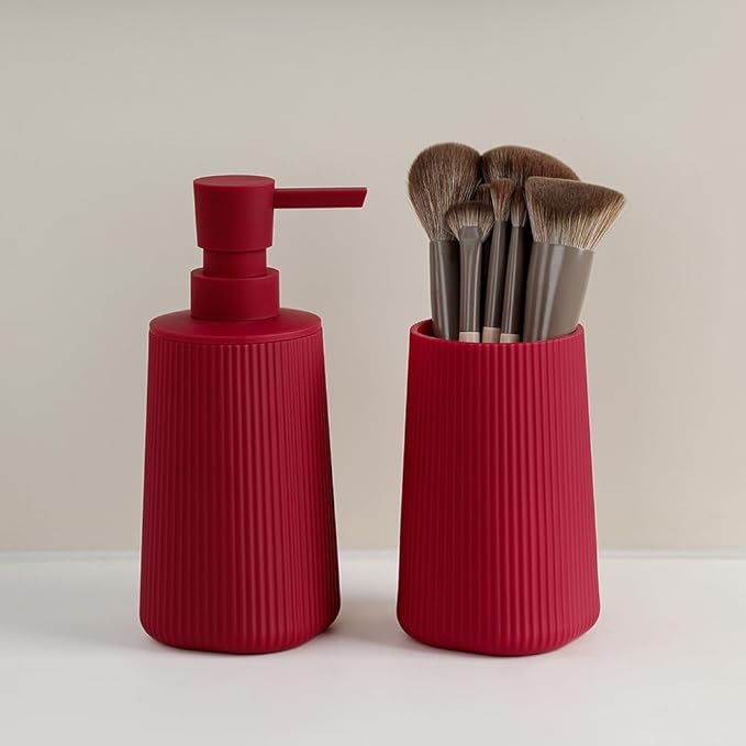 YAUKPH Bathroom Accessories Set 2 Piece Soap Dispenser and Toothbrush Holder for Bathroom Countertop Striped Red