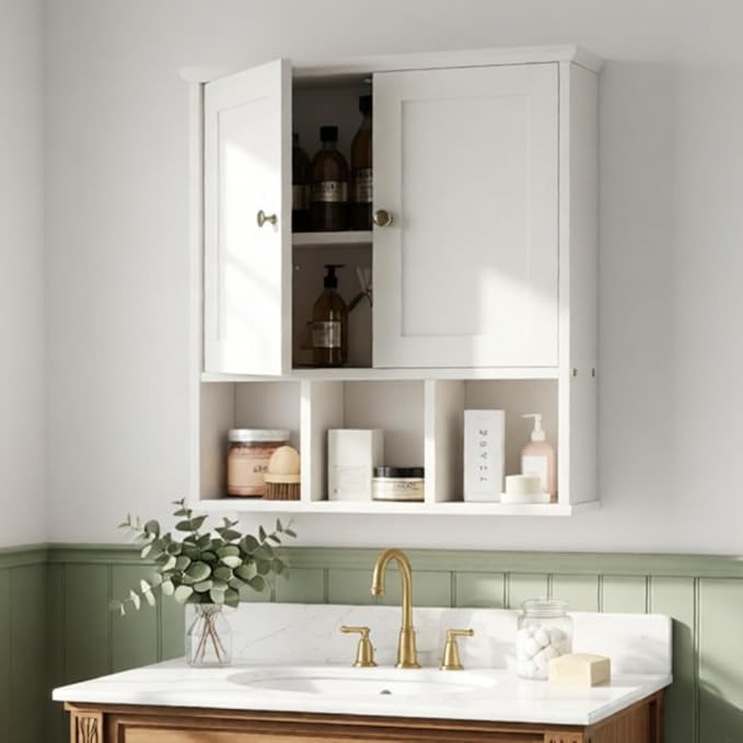 Bathroom Wall Cabinet, Cabinet Wall Mount Organizer Shelf for Toiletries, Towels & Essentials – Waterproof MDF, Space-Saving Bathroom Storage, White