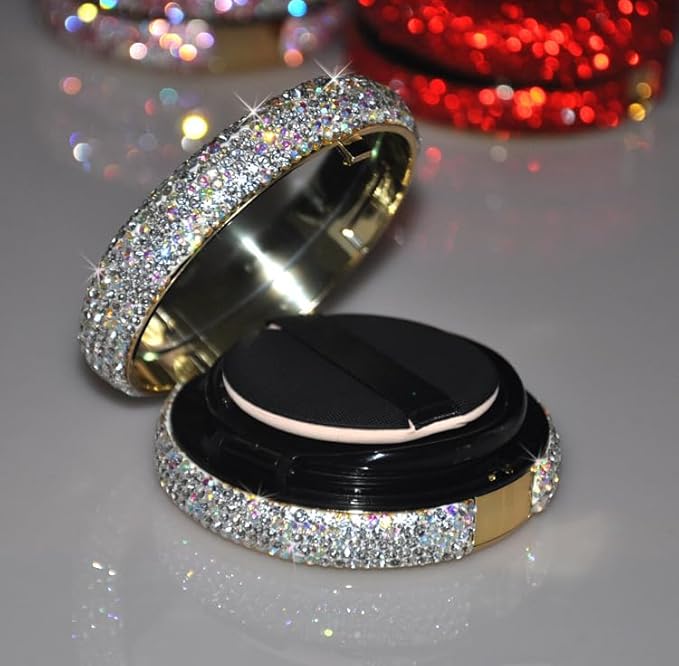Bling Diamond Makeup Powder Empty Container, Cushion Foundation Case with Round Mirror, Air Cushion Puff Case, Foundation BB Cream Box -Red
