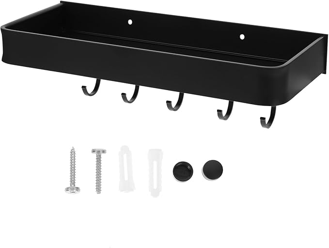 Wall-Mounted Aluminum Bathroom Shelf with Hooks, 30cm Floating Wall Holder Storage Rack for Bathroom Accessories and Toiletries
