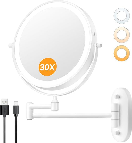 Auxmir 1X/30X Wall Mounted Makeup Mirror with Light, 8" Rechargeable Double-Sided Magnifying Mirror, Vanity Mirror Dimmable 3 Color Light, 360° Extension Rotation Foldable 14.5 Inch Arm, White