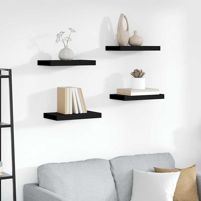 Set of 4 Floating Wall Shelves, Modern Rectangular Black MDF Storage Display Ledge for Bedroom, Living Room, and Office Decor
