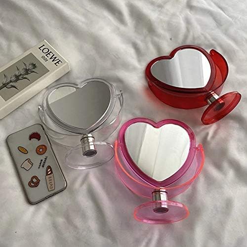 1Pc Acrylic Double Side Makeup Mirror Cute Heart Shaped Cosmetic Mirror, Transparent Base Home Bedroom Desktop Make Up Mirror (Red)