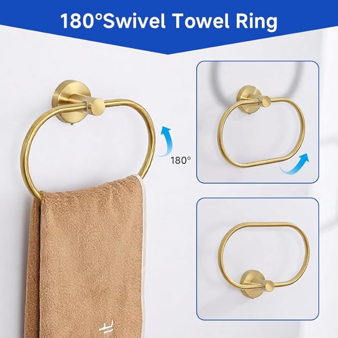 7-Piece Bathroom Hardware Accessories Set SUS304 Stainless Steel Towel Bar Set Wall Mounted 25.9-Inch Towel Rack, Towel Ring, Toilet Paper Holder with Shelf & 4 Hooks, Golden