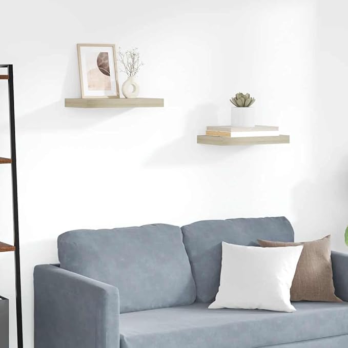 Wall Shelf Set of 2 Floating Shelves for Wall, Oak Finish MDF Decorative Display Ledge for Living Room, Bedroom, Study, 15.7 x 9.1 Inch