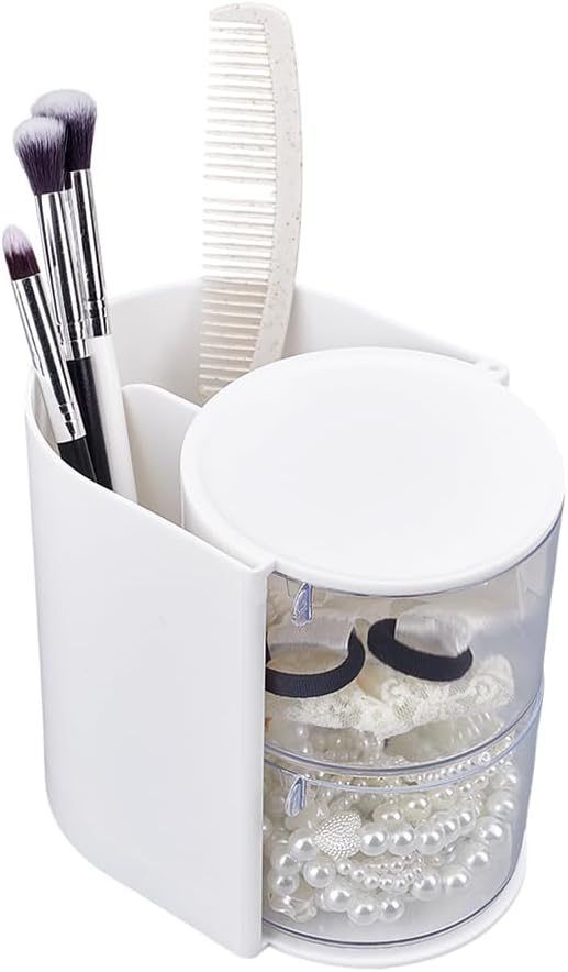 2-Layers Plastic Makeup Puff Storage Box Rotating Cosmetic Storage Organizer Clear Hair Accessories Organizer Hair Brushes Holder Jewelry Box for Necklace Earring Desktop Case White