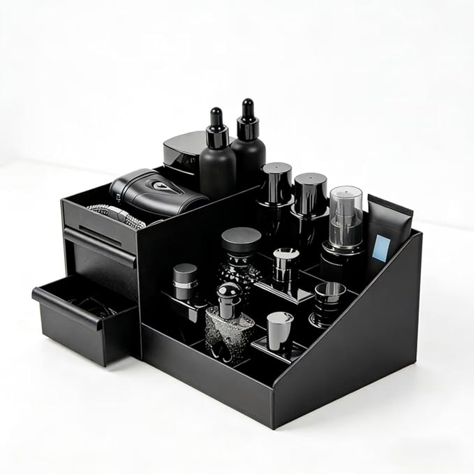 Men's Cologne Organizer, Black Acrylic Perfume Display Tray with Drawers, Bathroom Counter Storage
