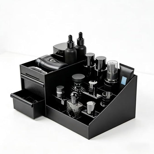 Men's Cologne Organizer, Black Acrylic Perfume Display Tray with Drawers, Bathroom Counter Storage