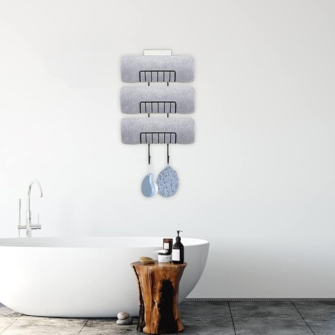 Adhesive Towel Holder for Bathroom Wall Mounted, No Drill Towel Rack Organizer with 2 Hooks for Bath Wall Storage, Black, 2 Pack