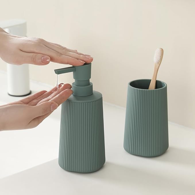 YAUKPH Bathroom Accessories Set 2 Piece Soap Dispenser and Toothbrush Holder for Bathroom Countertop Striped Green