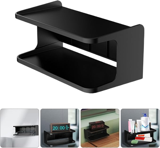 BESPORTBLE Double Layer Bedside Shelf Wall Organizer Floating Storage Rack for Bathroom Kitchen Office Space-Saving Black Wall-Mounted Shelf with Upper Tray for Mobile Phones and Personal