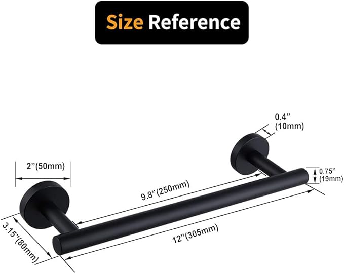 Matte Black Hand Towel Bar SUS 304 Stainless Steel 12-Inch Towel Rack Holder for Bathroom Wall Mount
