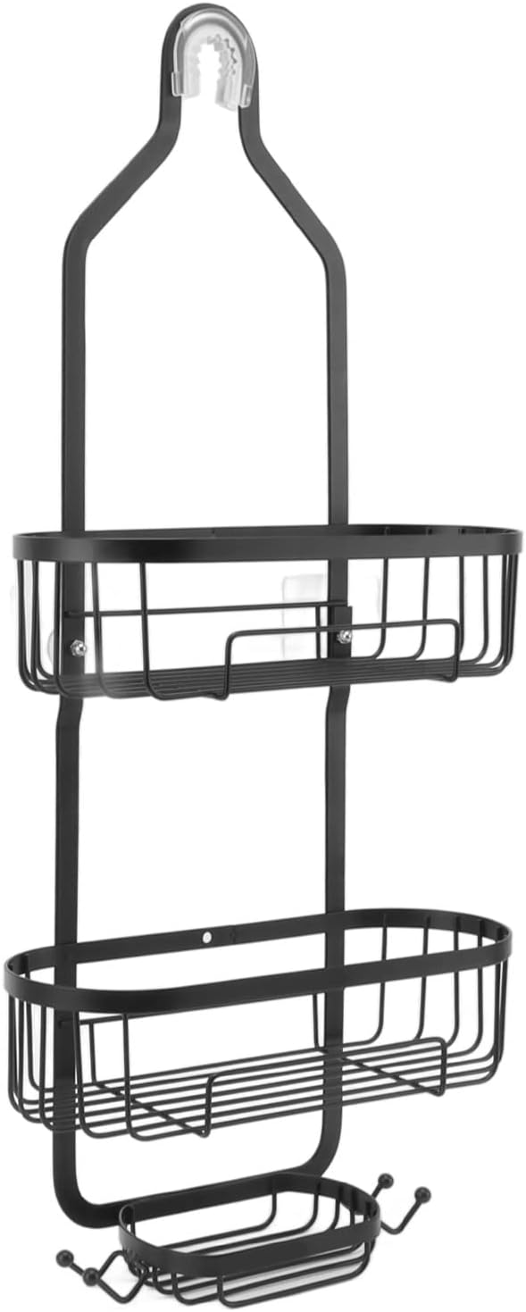 Metal Iron Wall Mounted Bathroom Basket, Punch Free Bathroom Shelves, 2 Layer Wall Mount Storage Basket for Bathroom with Adhesive Backing for Tile Glass Marble Surfaces (Black)