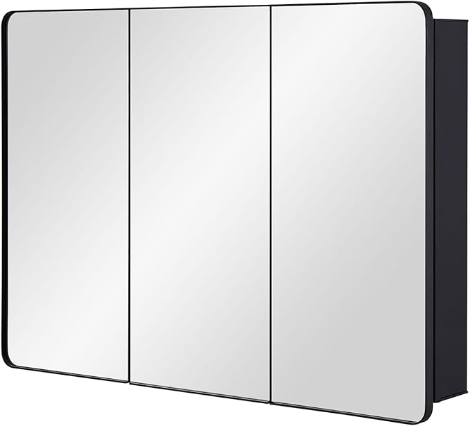 IDYLLOR Bathroom Mirror Medicine Cabinet with Round Corner Framed Door 36 x 26 inch, Black，Recessed or Surface Mount, with Adjustable Glass Shelves