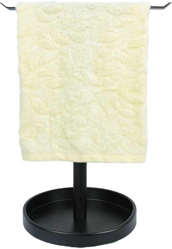 T-Shape Bath Hand Towel Holder Stand, Free Standing Hand Towel Rack with Storage Tray, for Bathroom Kitchen Countertop, Matte Black