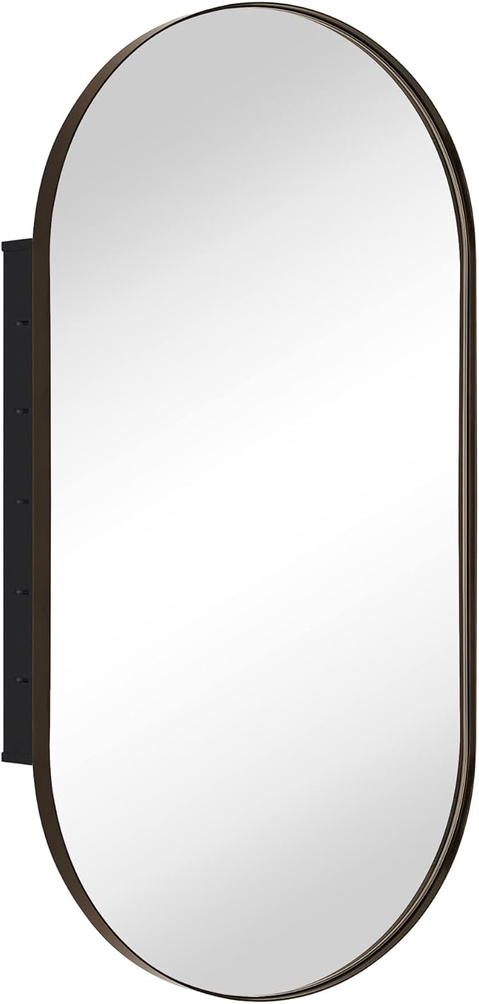 Oil Rubbed Bronze Oval Recessed Bathroom Medicine Cabinet with Mirror Stainless Steel Metal Framed Oblong Pill Shaped Bathroom Cabinet with Mirror 16x33''