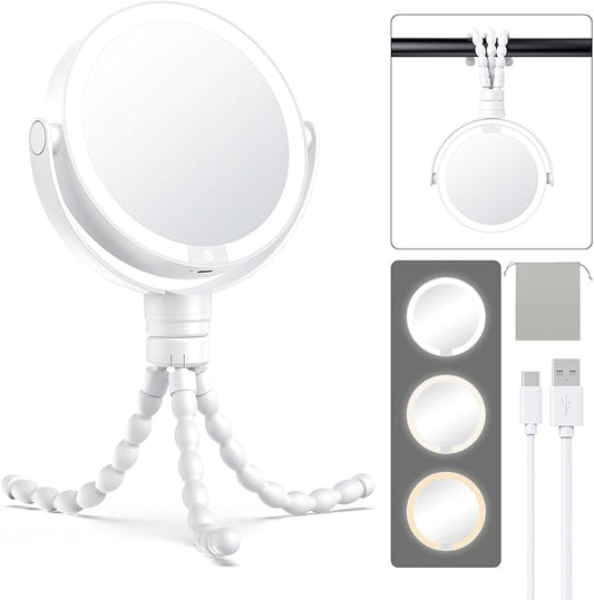 Gospire 5.85” Tripod Travel Makeup Mirror with Lights and Magnification 1X/10X, 4 in 1 Winding Hanging Handheld Tabletop, 3 Light Colors and Adjustable Brightness – White