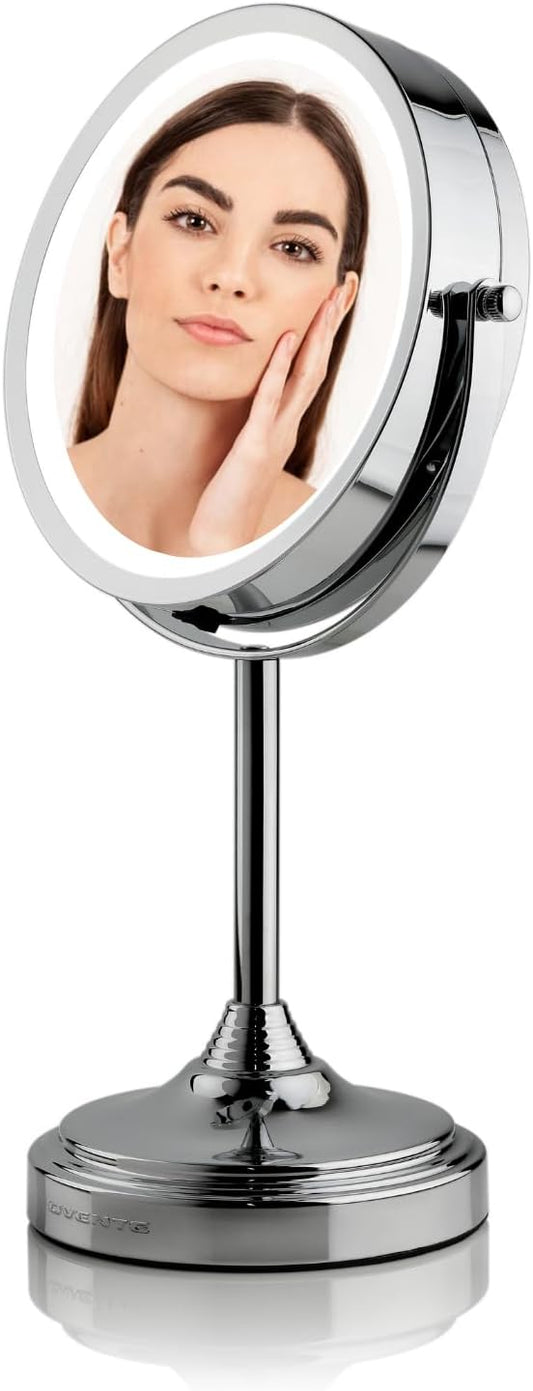 OVENTE 7'' Lighted Makeup Mirror with 1X/7X Magnification, Cordless Tabletop Mount Vanity Mirror with 360° Swivel Design & Double Sided Glow Cosmetic White LED Ring Light, Polished Chrome MCT70CH1X7X