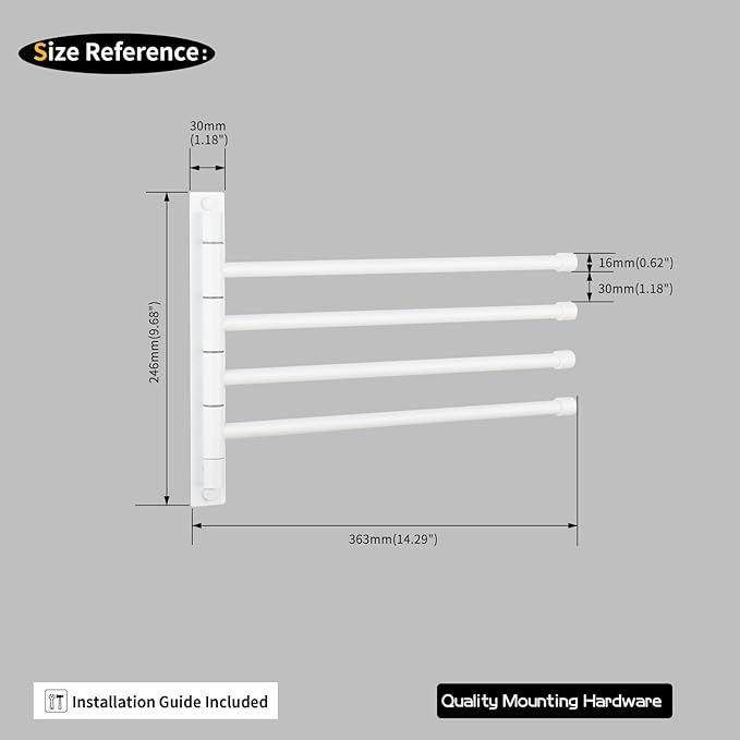 GERZWY Wall Mount Bath Towel Rack with 4 Arms Stainless Steel Bathroom Swing Arm Towel Bars Organizer, White
