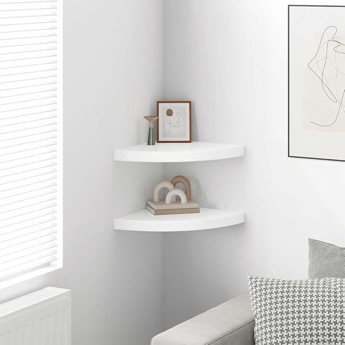 Corner Shelf Set of 2, 13.8 Inch Floating Wall Shelves for Bedroom, Living Room, Modern High Gloss White MDF Triangular Display Shelving Unit