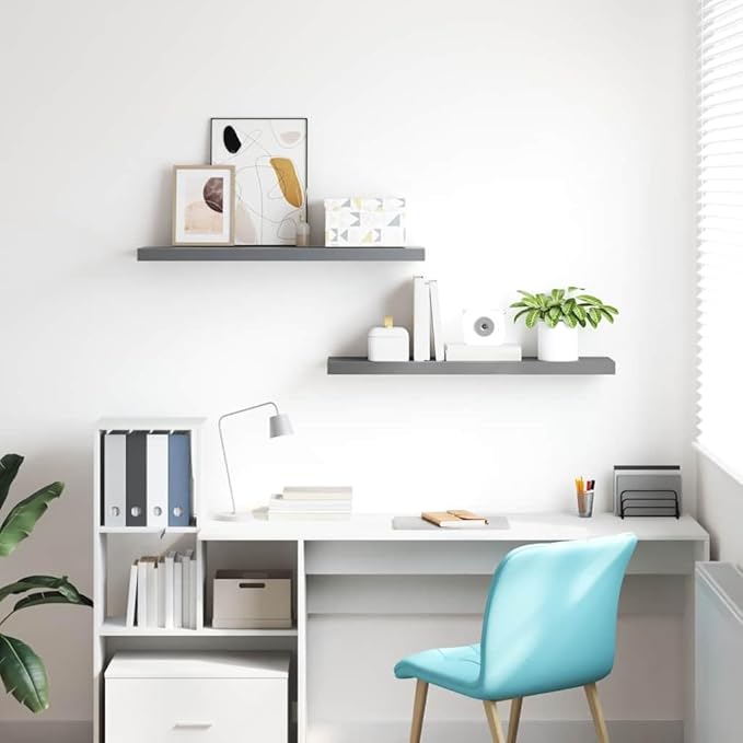 Set of 2 Large Floating Wall Shelves, Modern Gray Rectangular Display Shelves for Living Room, Bedroom, and Office, Decorative MDF Storage Shelving Unit with Mounting Hardware