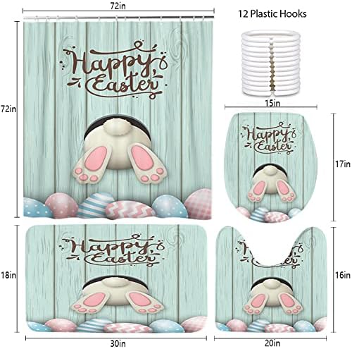 LOKMU 4 Pcs Shower Curtain Sets with Non-Slip Rugs, Toilet Lid Cover and Bath Mat,Easter Motive White Bunny on The Bottom Waterproof Shower Curtain with 12 Hooks, Bathroom Decor Sets, 72" x 72"