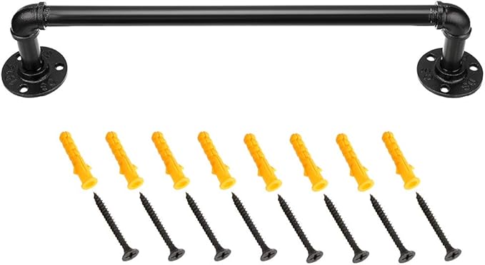 Sumnacon 16 Inch Industrial Iron Pipe Towel Rack Holder - Heavy Duty Rustic Hand Towel Bar, Vintage Style Grab Bar/Door Handle for Bathroom, Kitchen with Screws, Black
