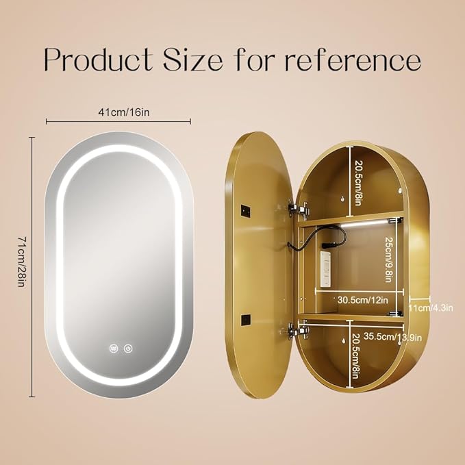 Oval Medicine Cabinet with Light,LED Medicine Cabinet,USB Shaver Socket,Internal Light,Steel with Powder Coating,Soft Closing Hinge,Gold,16×28inch