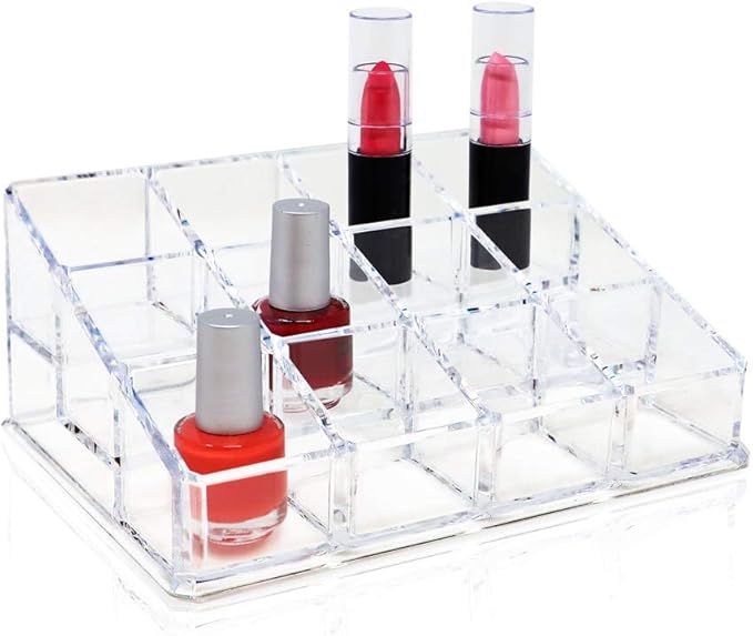 Isaac Jacobs Clear Acrylic 12 Compartment Nail Polish Holder, Organizer for Makeup, Essential Oils, Storage Solution, Rack Display (3 Rows (x4)) (Pack of 2)