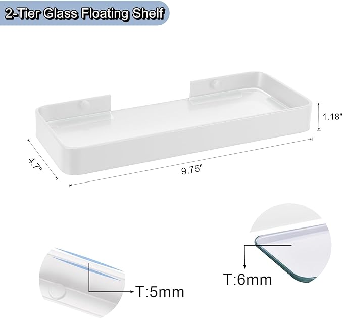 Z metnal Small Glass Bathroom Shelves, Floating Shelf, Mini Wall Shelf for Bathroom Organizer, Wall Mounted, White, 10 inch / 25cm