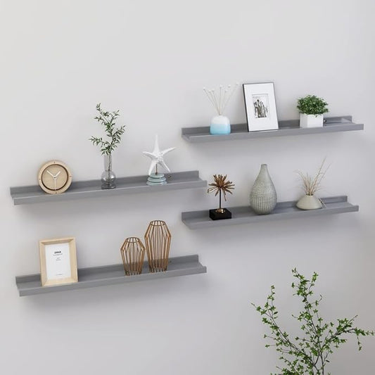 Wall Shelves Set of 4 Gray Floating 23.6x3.5x1.2 Inches for Living Room Bedroom Storage, Modern MDF Wall Mounted Shelves for Decor Books Plants