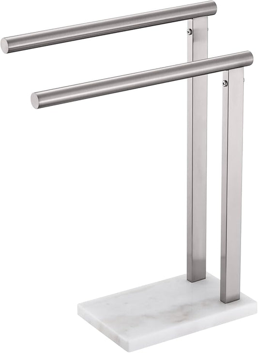 KOKOSIRI Hand Towel Holders Standing Towel Bars 2-Tier with Marble Base for Bathroom Vanity Countertop, Brushed Stainless Steel 15.7'' Height THS0007-BR