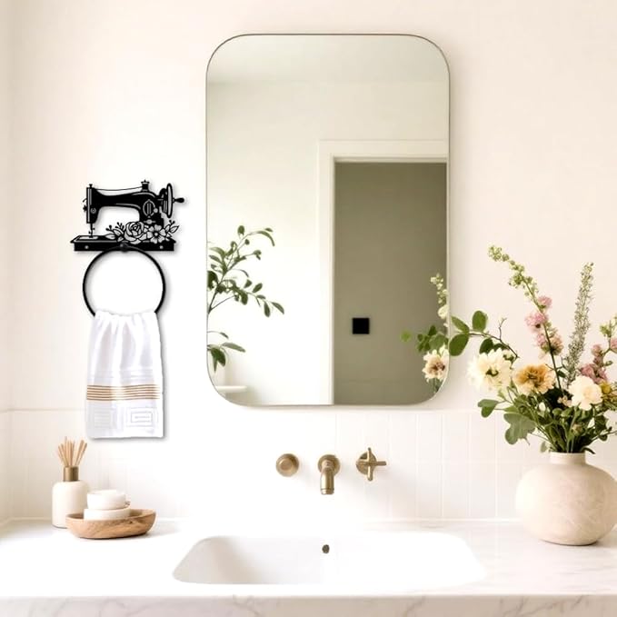MAYJOYDIY Vintage Sewing Machine Metal Towel Ring Round Flower Hand Towel Holder Ring Hanger Wall Mount Black Vintage Towels Wall Organizer for Kitchen Bath Home Laundry Room Decors Gifts