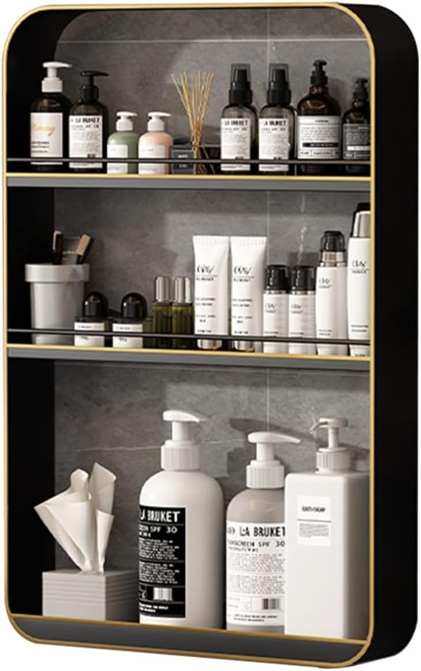 Punch- Bathroom Shelf, Wall-Mounted Makeup Organizer, Cosmetic Storage Rack, Multi-Layer Large Capacity, 10kg Load-Bearing,Black a-40 * 60cm