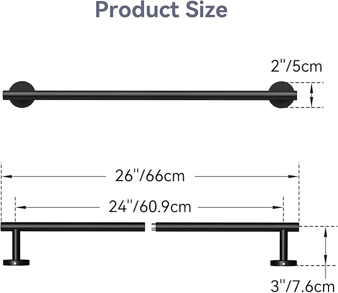 Matte Black Towel Bar, 26 Inch Towel Racks for Bathroom Useable Length 24 Inch Wall-Mounted, Bathroom Towel Rod Holder SUS304 Stainless Steel